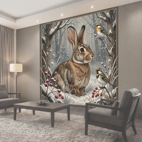 Фотообои Заяц и птицы в зимнем лесу