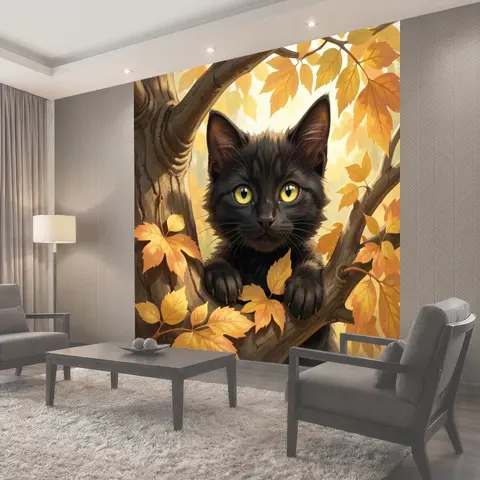 Фотообои Черный кот среди осенних листьев