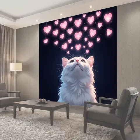 Фотообои Белый кот и розовые сердца