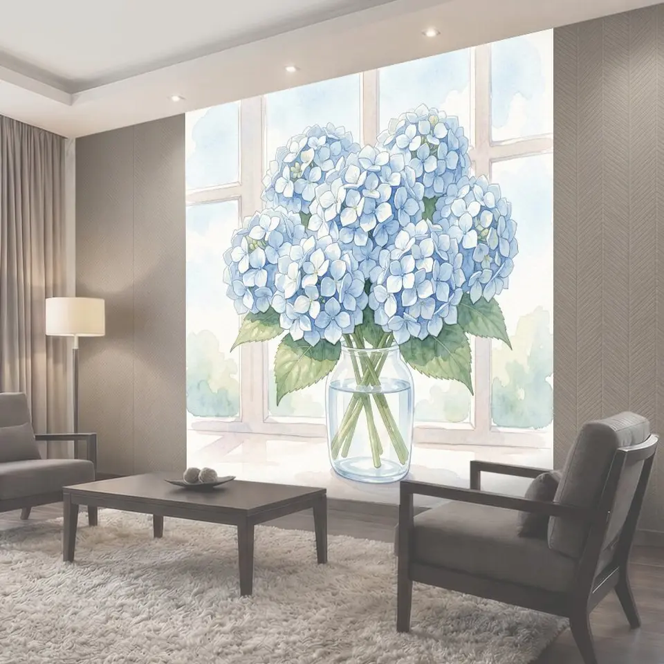 Фотообои Гортензии в стеклянной вазе у окна