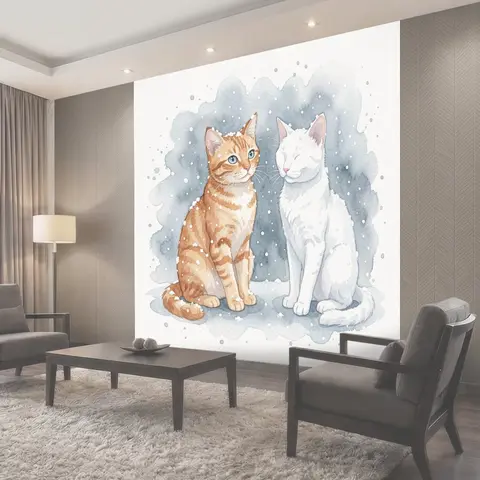 Фотообои Рыжий и белый коты под снегом