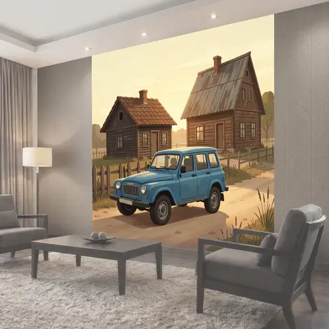 Фотообои Синяя машина у деревенских домов