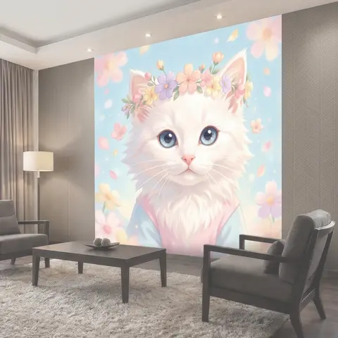 Фотообои Белый котенок с цветочным венком