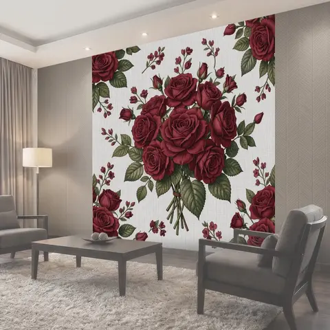 Фотообои Бордовые розы и веточки на светлом