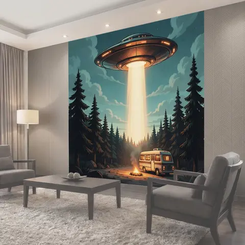 Фотообои НЛО над лесной стоянкой