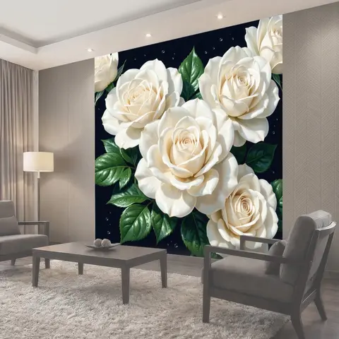 Фотообои Белые розы с каплями росы