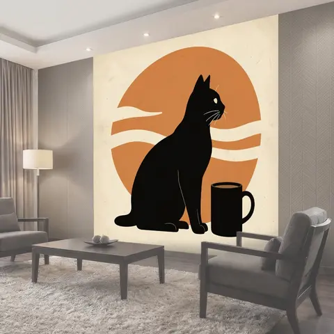 Фотообои Черный кот с кружкой кофе