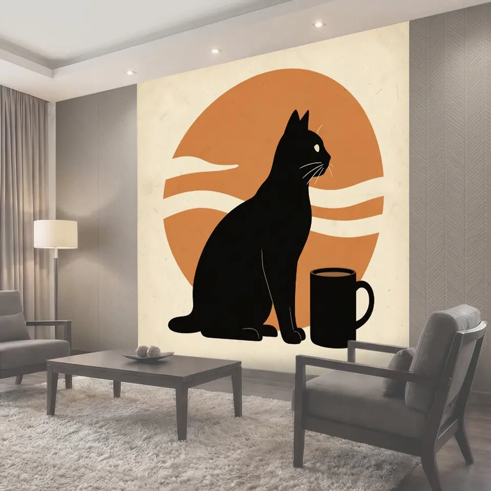 Фотообои Черный кот с кружкой кофе