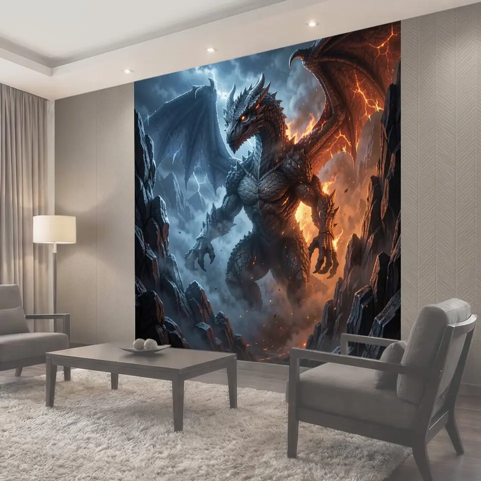 Фотообои Огненный дракон в грозовом ущелье