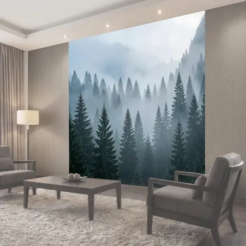 Фотообои Туманный хвойный лес в горах