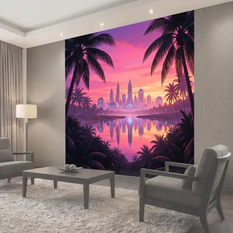 Фотообои Тропический футуристический город на закате