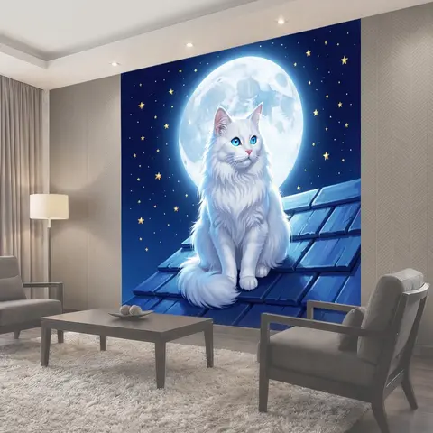 Фотообои Белая кошка под луной