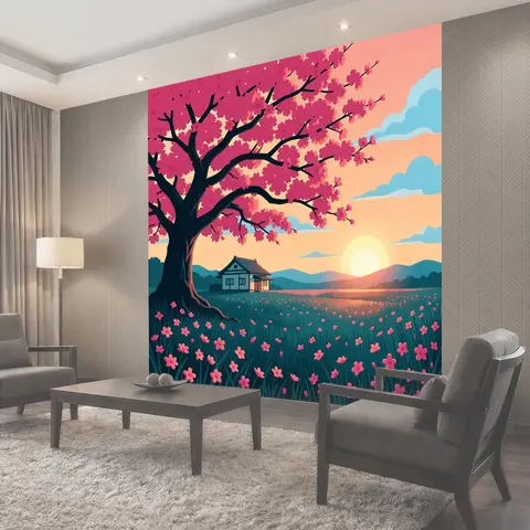 Фотообои Сакура у дома на закате