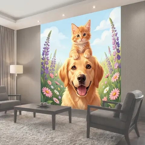 Фотообои Щенок с котенком в цветочном поле