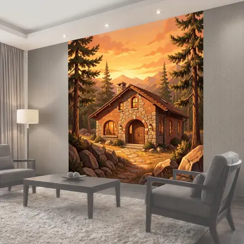 Фотообои Каменный дом в хвойном лесу