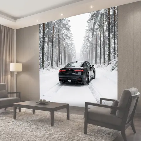 Фотообои Черный спорткар в зимнем лесу