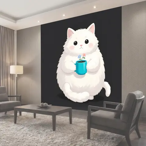 Фотообои Белый пушистый кот с кружкой