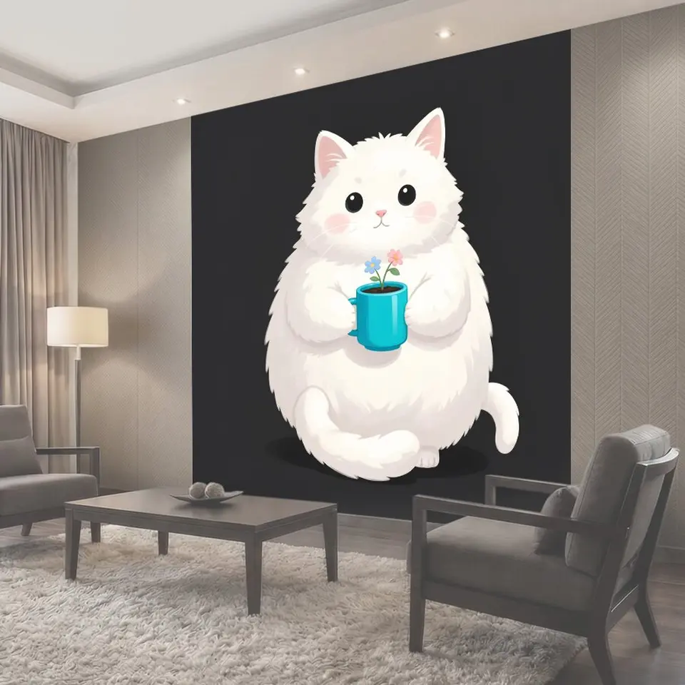 Фотообои Белый пушистый кот с кружкой