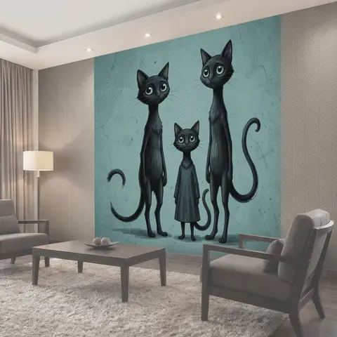 Фотообои Три черных кота на фоне стены