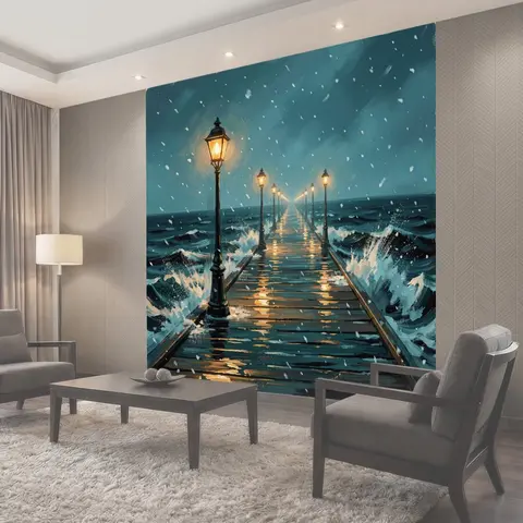Фотообои Морской пирс с фонарями в снегопад