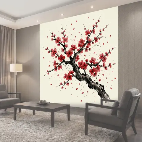 Фотообои Цветущая ветка сакуры и лепестки