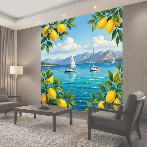 Фотообои Лимоны и парусные лодки у моря