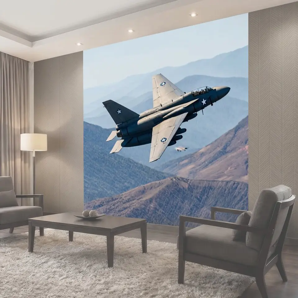 Фотообои Военный самолет в боевом полете над горной местностью