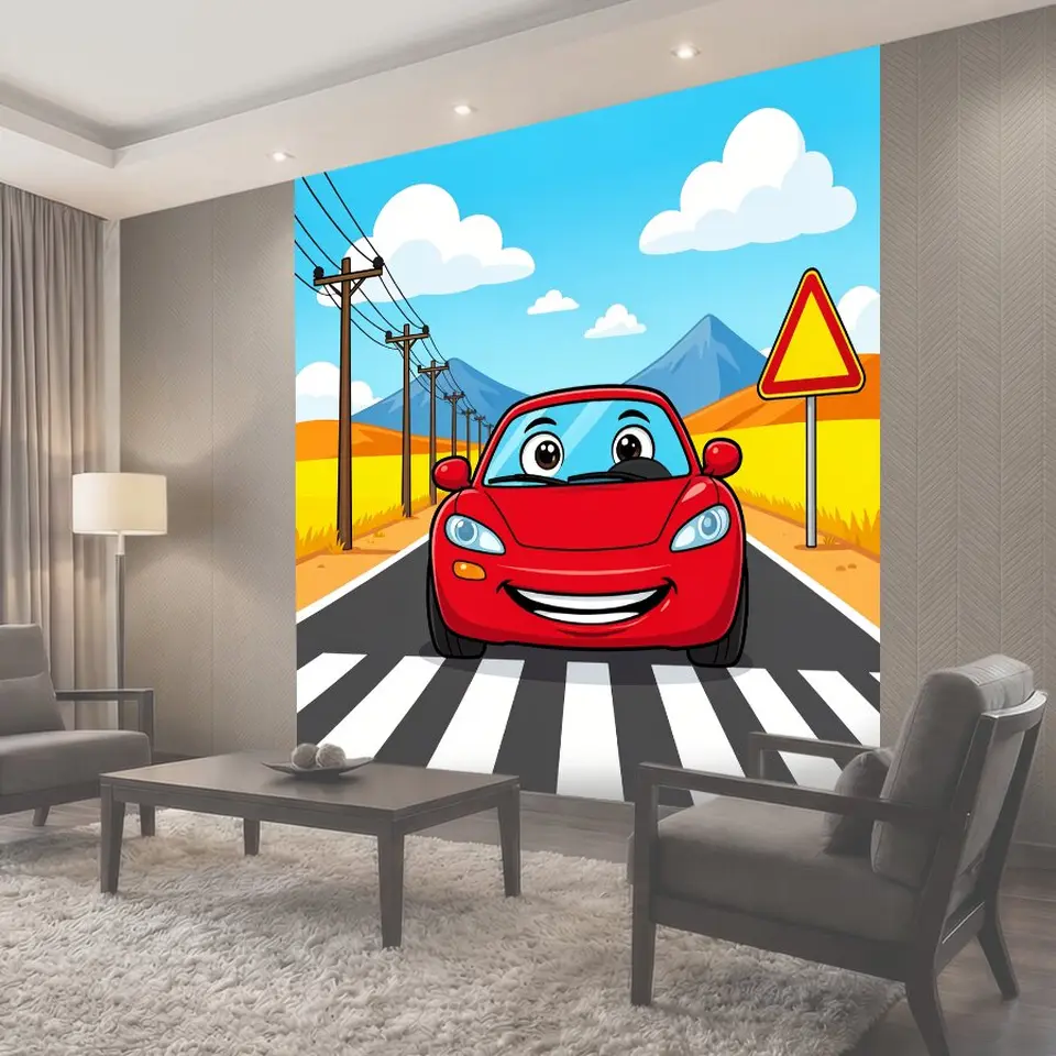 Фотообои Веселый красный автомобиль на дороге
