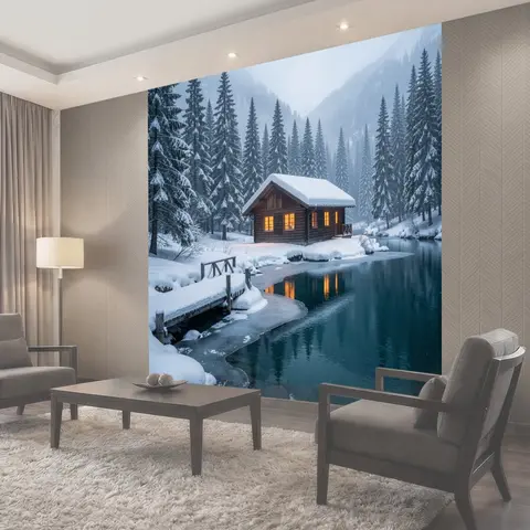 Фотообои Зимний домик у лесной реки