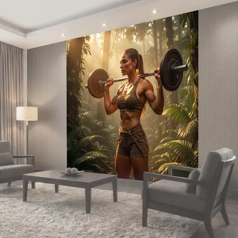 Фотообои Спортсменка с грифом в джунглях