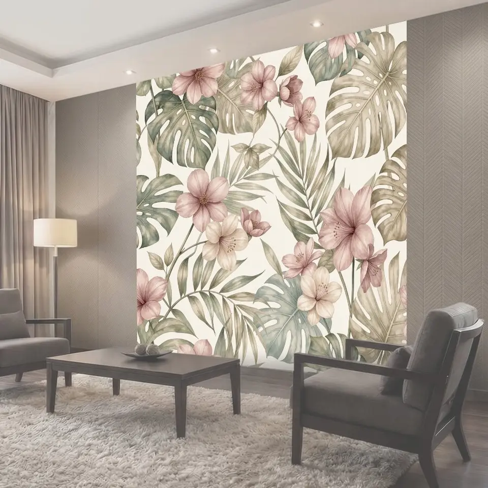 Фотообои Тропические листья и нежные цветы