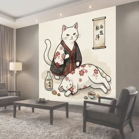 Фотообои Коты в кимоно с сакэ