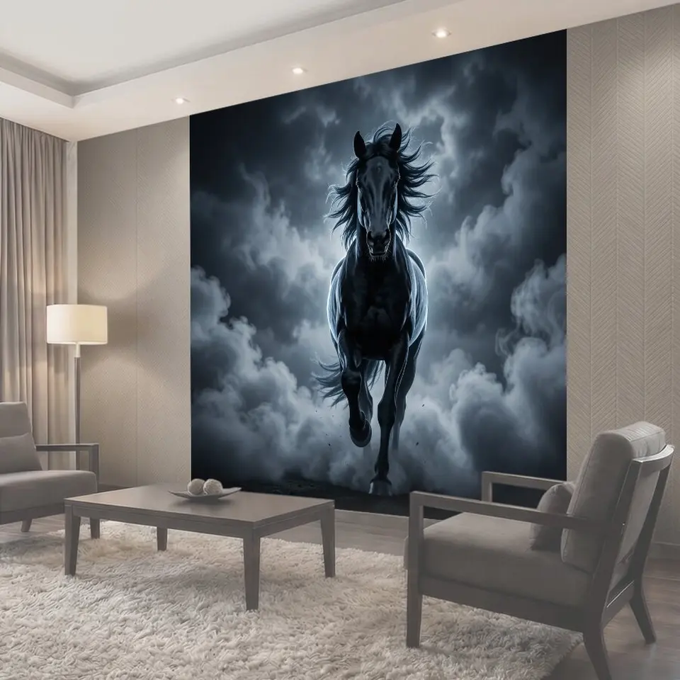 Фотообои Черный конь в тумане