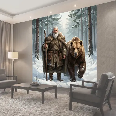 Фотообои Старец с медведем в лесу