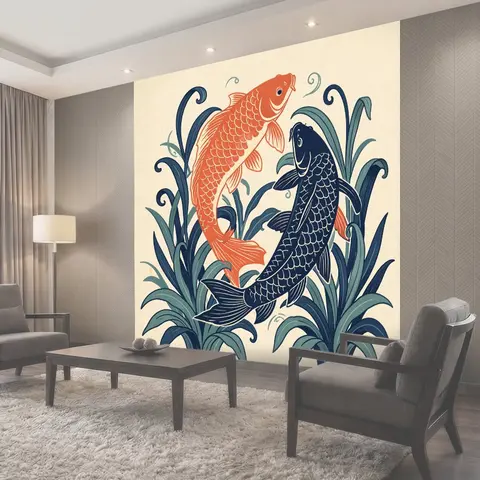 Фотообои Карпы кои среди водных растений