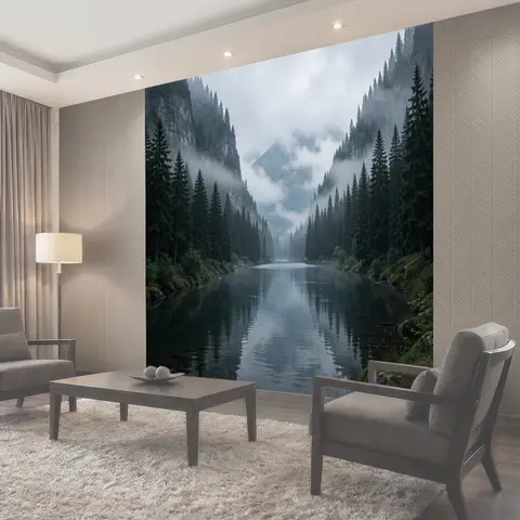 Фотообои Туманный горный лес и река