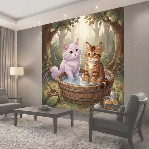 Фотообои Котята в деревянной купели