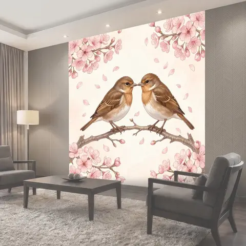 Фотообои Две птицы среди цветущих веток