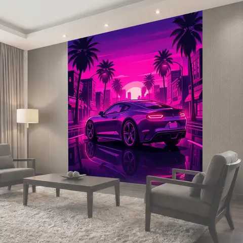 Фотообои Неоновый спорткар на ночной улице