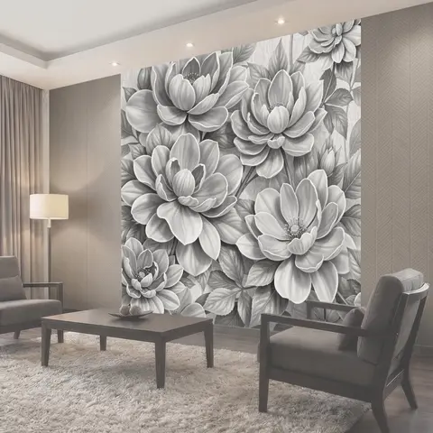 Фотообои Крупные серые цветы и листья