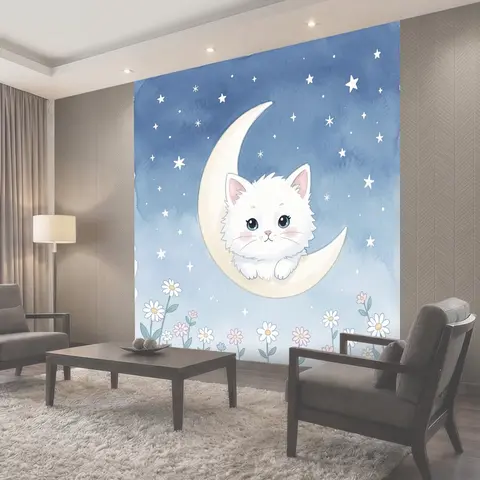 Фотообои Белая кошка на луне