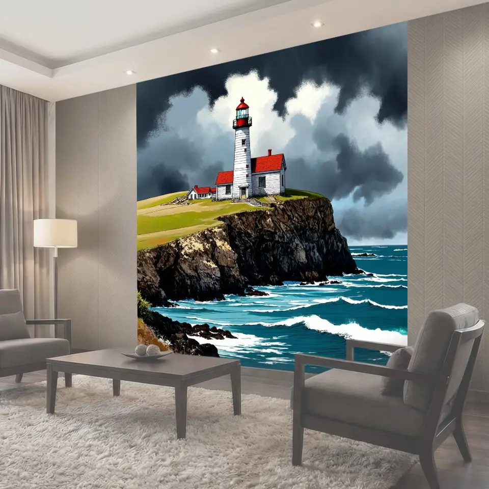 Фотообои Туман в стиле скетч, старинный маяк на утесе, штормовое море и грустное настроение