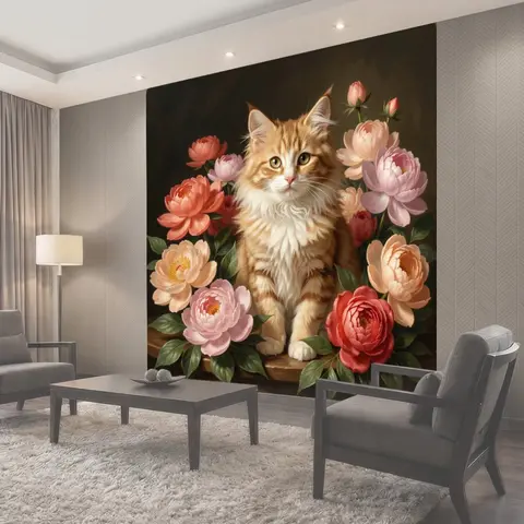 Фотообои Рыжий кот среди цветов