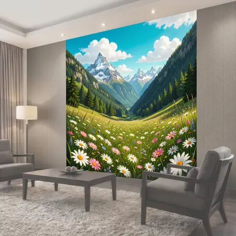 Фотообои Альпийская долина с цветущим лугом