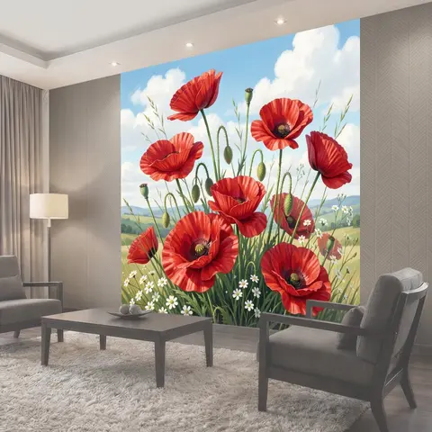 Фотообои Красные маки на лугу