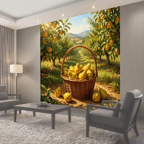 Фотообои Корзина груш в фруктовом саду