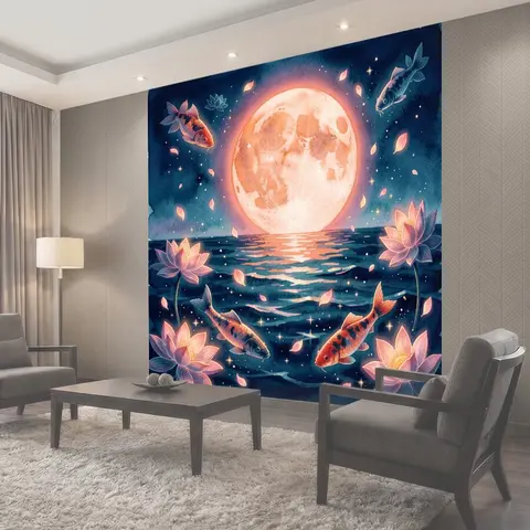 Фотообои Лунный пруд с карпами и лотосами
