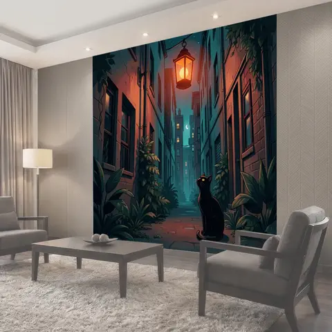 Фотообои Черный кот в ночном переулке