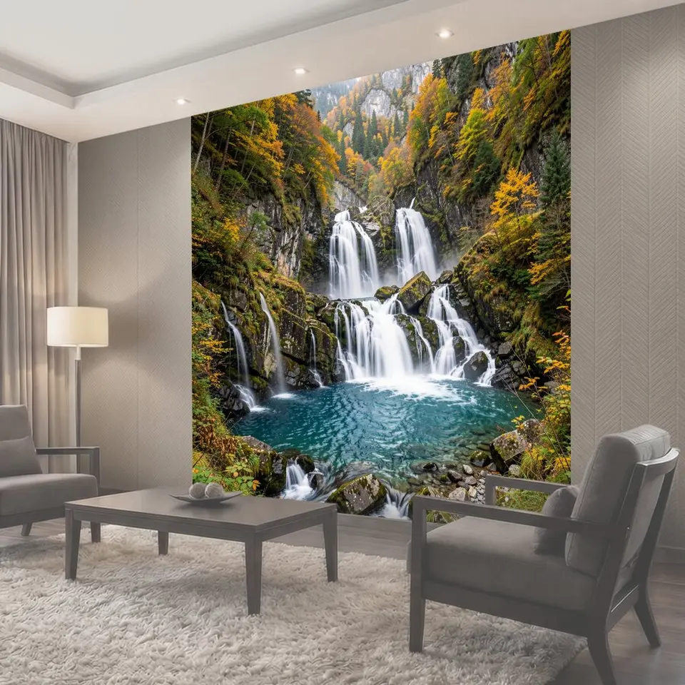 Фотообои Водопад в осеннем ущелье