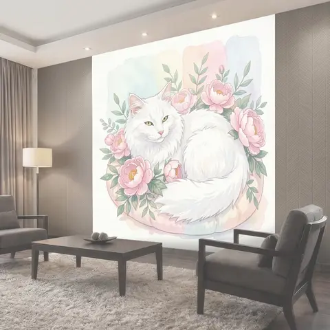 Фотообои Белая кошка в венке из пионов